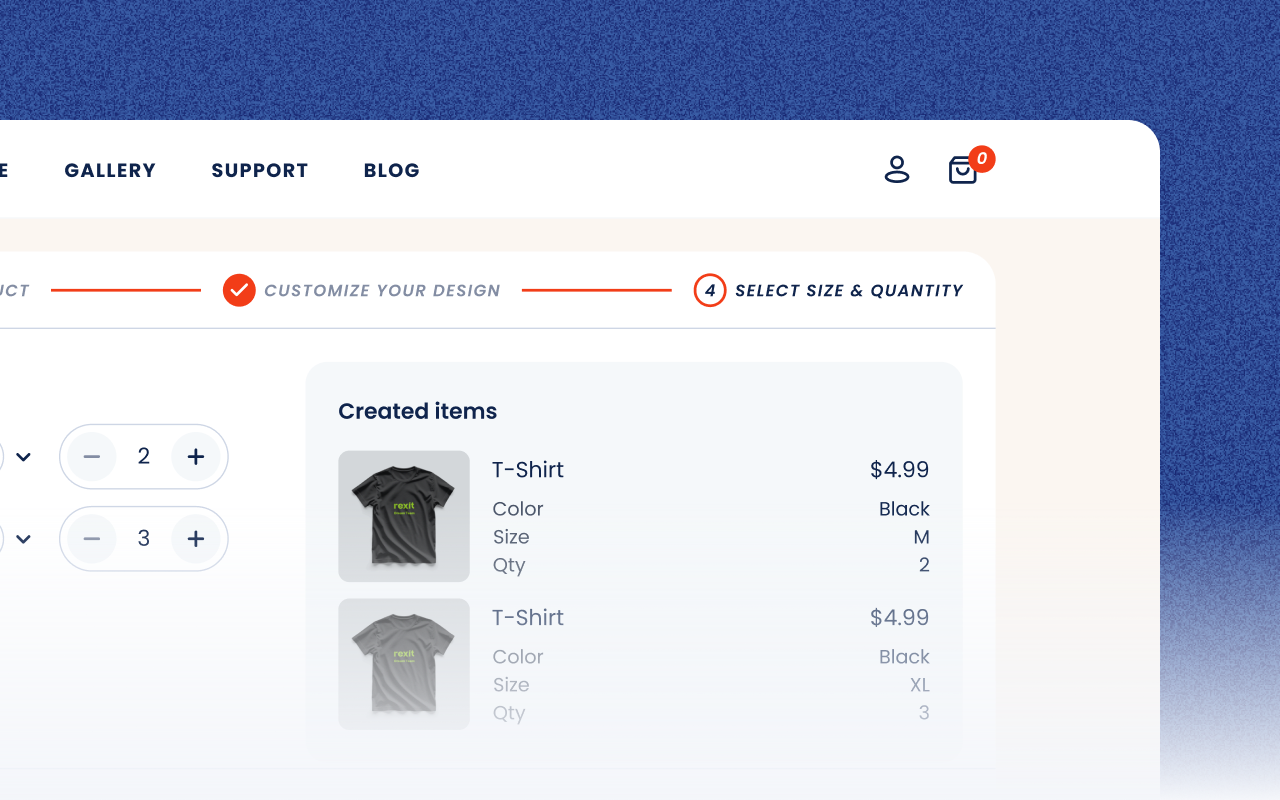 The last step of the product configurator: two custom T-shirts with their color, size and quantity
