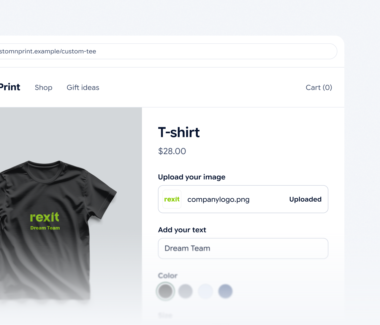 A store page of a custom T-shirt: the customer’s logo is uploaded, the text “Dream Team” added and a color being picked