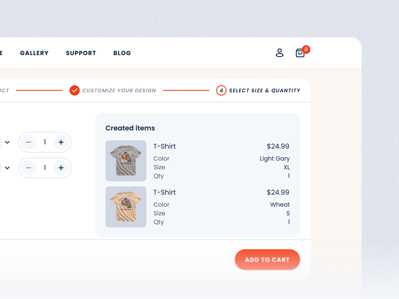 An Artistickers product page with two created items: custom T-shirts with their color, size and quantity