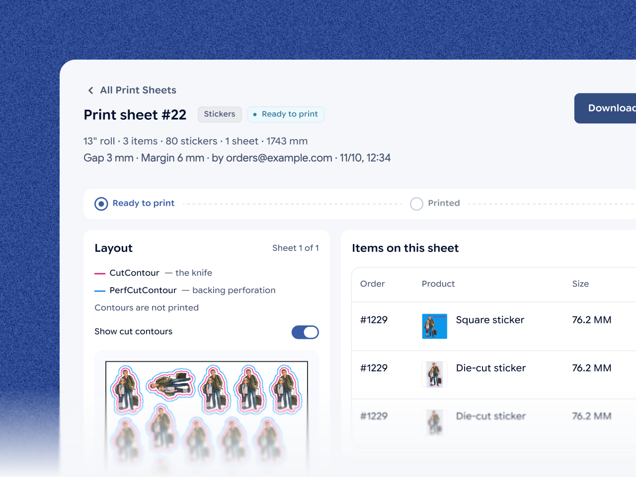 Print sheet #22 in the Jifup console: stickers nested on a 13-inch roll with their cut contours