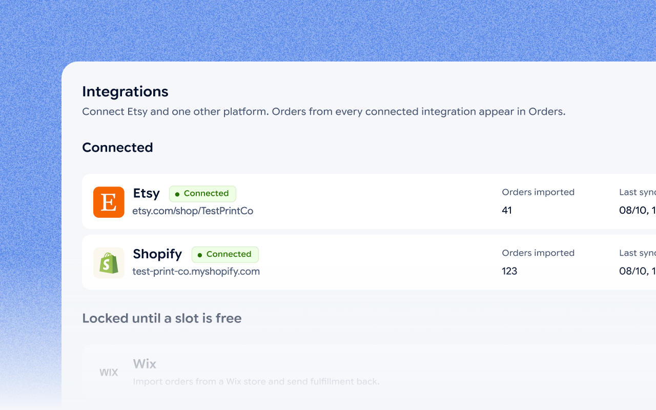 The Integrations screen of the Jifup console with Etsy and Shopify connected