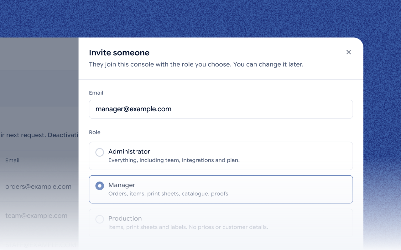 Inviting a team member to the Jifup console with the Manager role