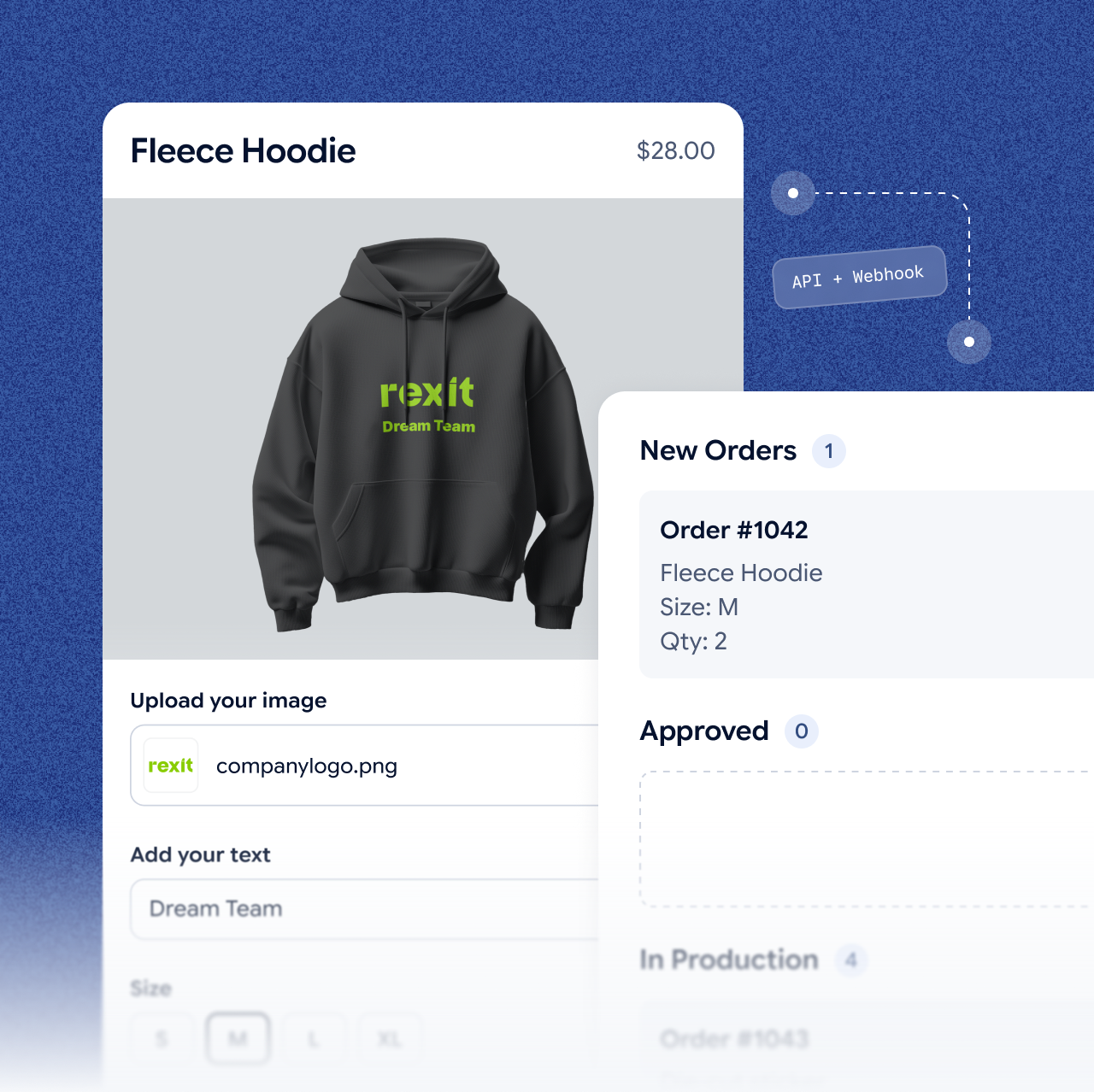 A product page on a test website with the Jifup configurator, a hoodie with an uploaded logo and text, and the order arriving on the Jifup order board through the API and webhooks