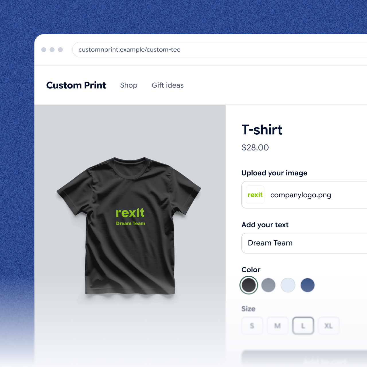 A Shopify product page of a test store with the Jifup configurator: a T-shirt with an uploaded logo and text, and the color and size options