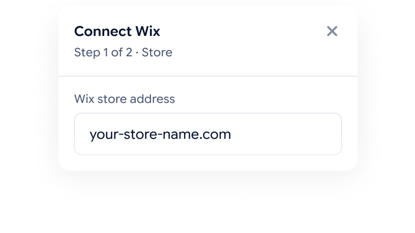 Connect Wix dialog, step 1 of 2: the Wix store address field, your-store-name.com