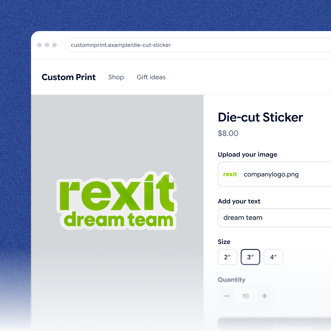 A Wix product page of a test store with the Jifup configurator: a die-cut sticker with an uploaded logo and text, and the size options
