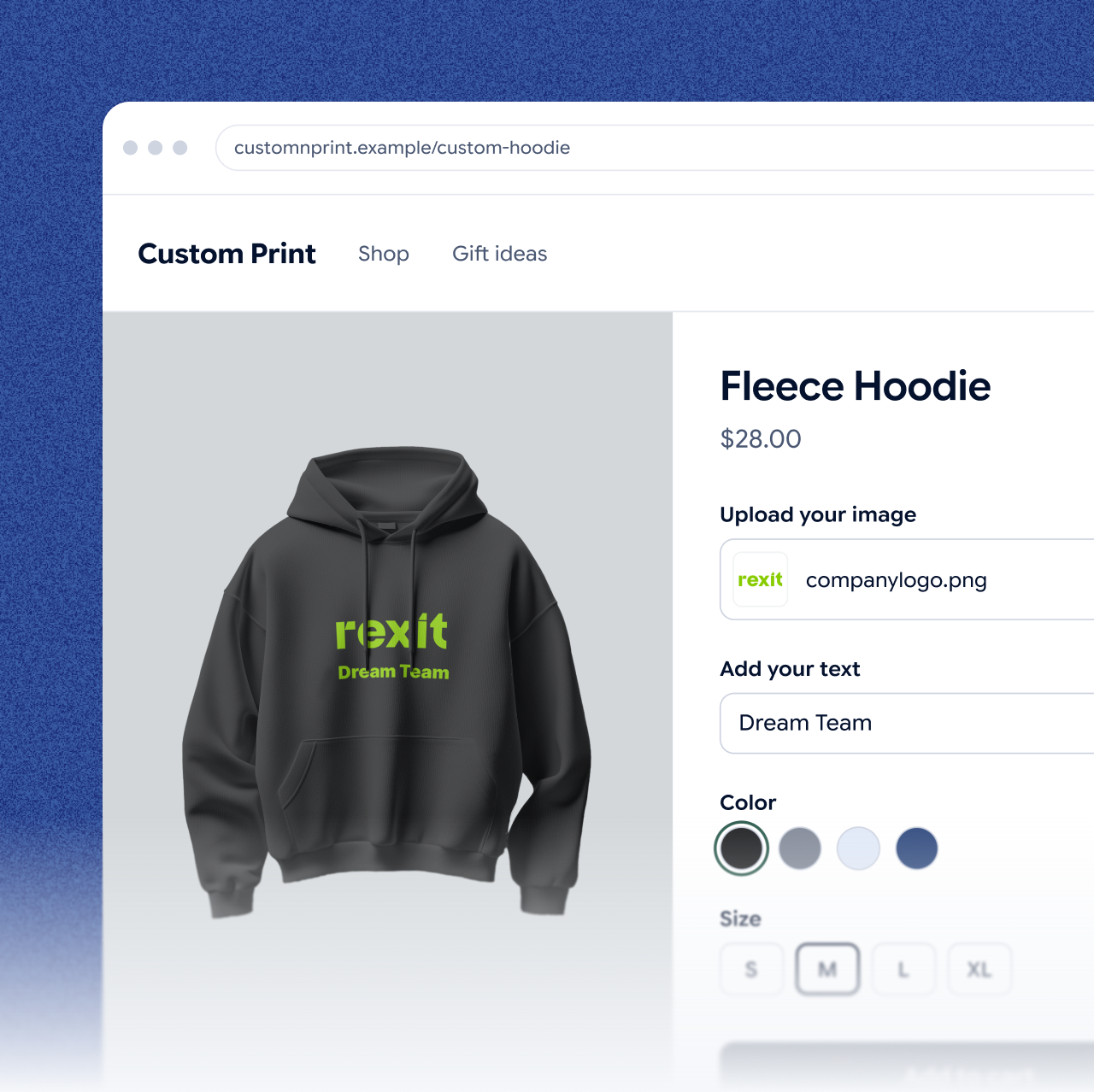 A WooCommerce product page of a test store with the Jifup configurator: a hoodie with an uploaded logo and text, and the color and size options