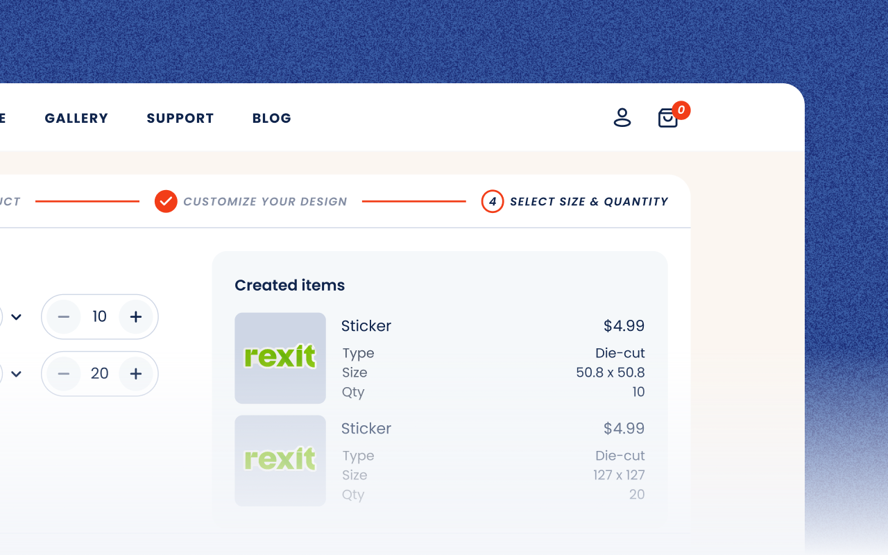 The Jifup configurator with a sticker product: two die-cut stickers in Created items, with their size and quantity