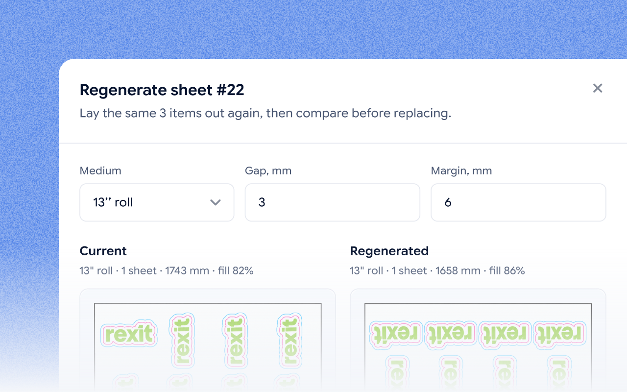 Regenerate sheet #22 in the Jifup console: the current layout on a 13-inch roll beside the regenerated one