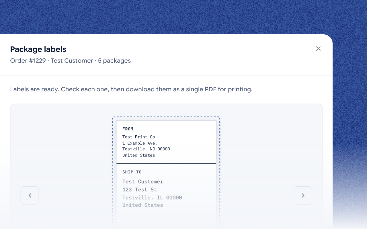 Package labels of order #1229 in the Jifup console: label 1 of 5 with the sender and the test customer’s address